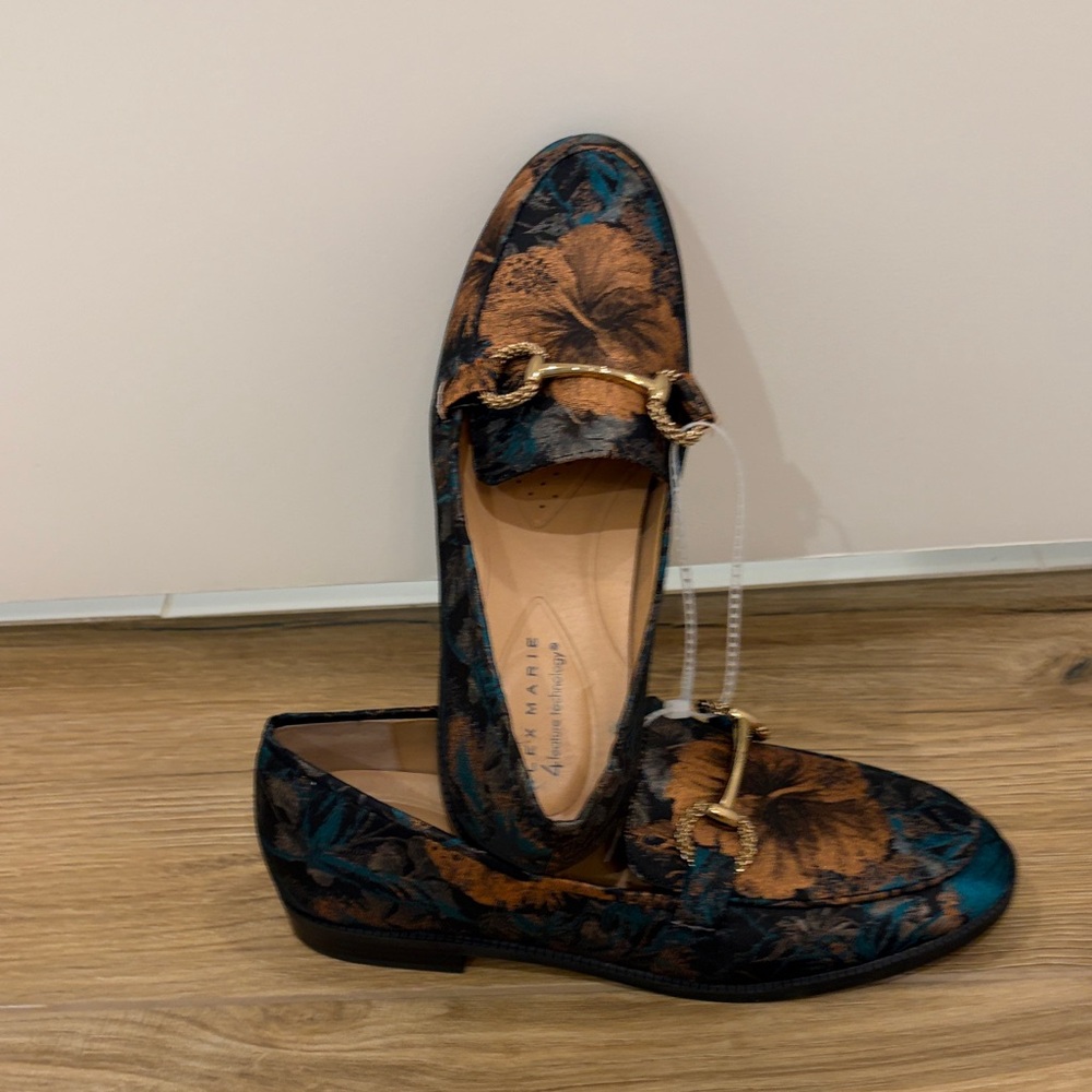 Alex Marie Floral Embossed Loafers in Teal & Brown with Gold Hardware